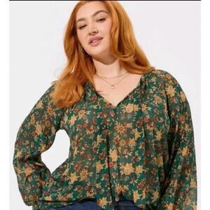 Torrid Womens Green Floral Sheer Chiffon Long Sleeve Tie Front Blouse 5X